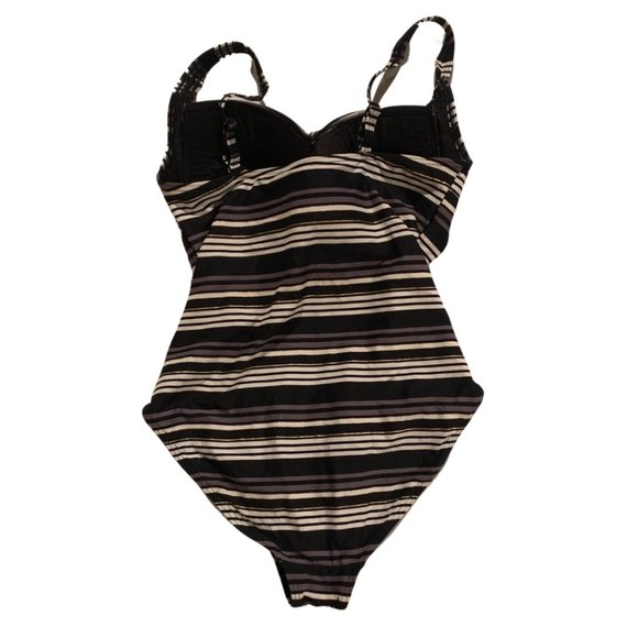 Bond-Eye One Piece Swimsuit Size 10 Womens Black White Brown Gold Stripes Ruched - Picture 2 of 6